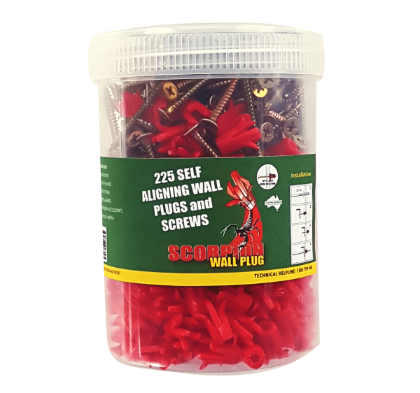 225 pieces Scorpion Self-Aligning Wall Plugs and 225 pieces Fine Thread bugle head 7g-15x50mm Screws per container