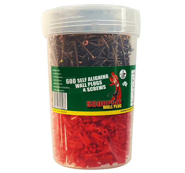600 pieces Scorpion Self-Aligning Wall Plugs and 600 pieces Fine Thread bugle head 7g-15x50mm Screws per container