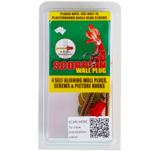 4 pieces Scorpion Self-Aligning Wall Plugs and 4 pieces Fine Thread bugle head 7g-15x50mm Screws and 4 Picture Hooks per clamshell