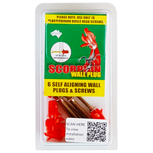 6 pieces Scorpion Self-Aligning Wall Plugs and 6 pieces Fine Thread bugle head 7g-15x50 Screws per clamshell