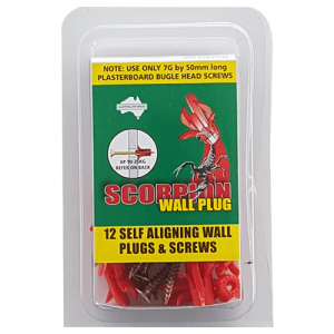 12 pieces Scorpion Self-Aligning Wall Plugs and 12 pieces Fine Thread bugle head 7g-15x50 Screws per clamshell